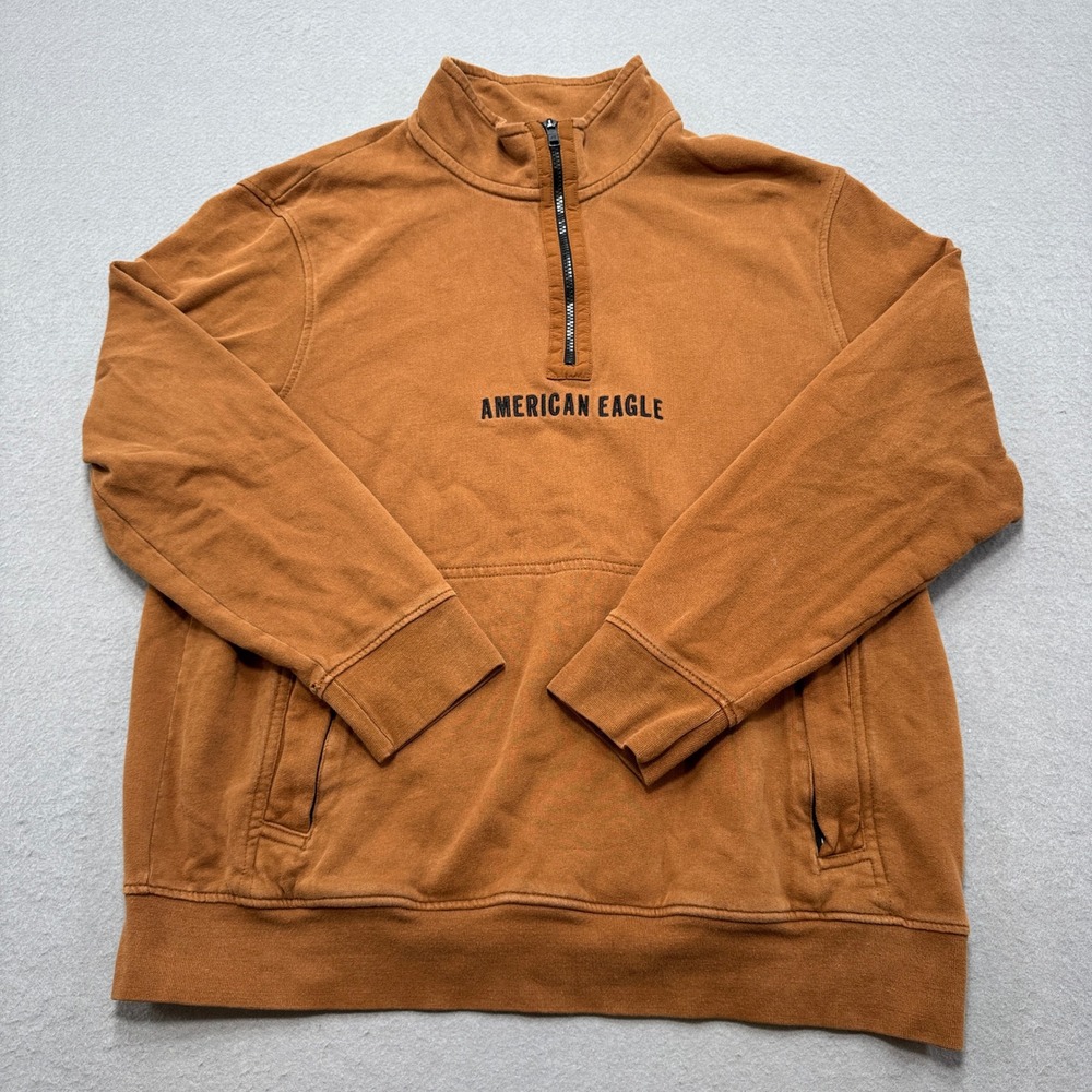 American Eagle Sweatshirt Men's 2XL Brown Quarter Zip Pullover Cotton Mockneck